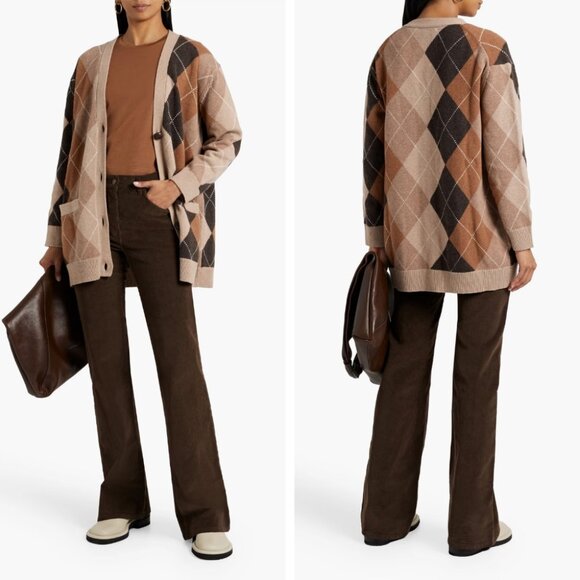Nili Lotan Sweater Wool Cardigan Sofhie Argyle Large Brown Neutral - Picture 9 of 12